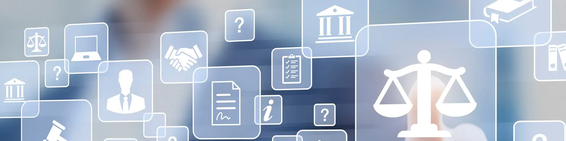 Legal icons, including the scales of justice, floating over an office