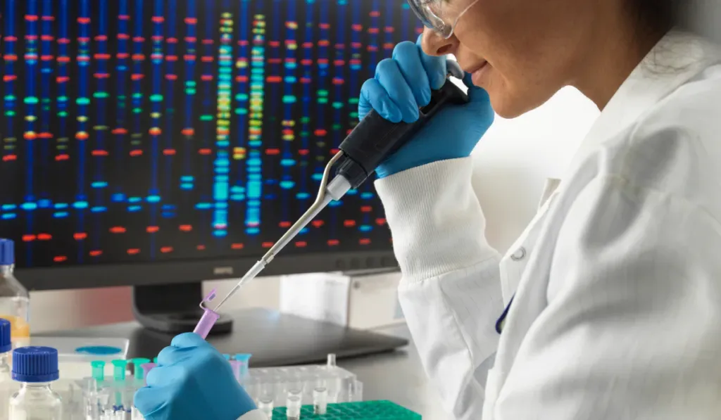 A lab scientist pipetting a sample in front of a screen showing DNA sequencing results